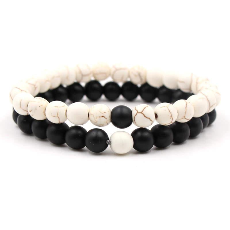 Argent Craft Natural White Howlite Stone & Black Agate Stone Couples Bracelet