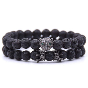 Argent Craft Natural Lava Stone Bracelet with Crowns & Cheetah (Black)