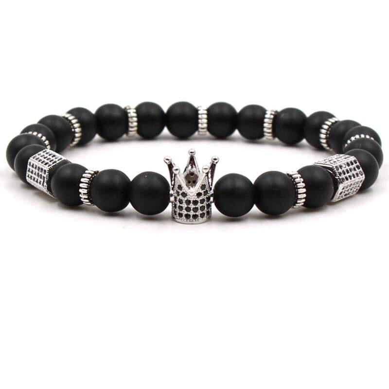 Argent Craft Natural Black Matte Agate Bracelet with King Crown, Rings & Die (Silver)