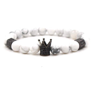 Argent Craft Natural White Howlite Stone Bracelet with Crown (Black)