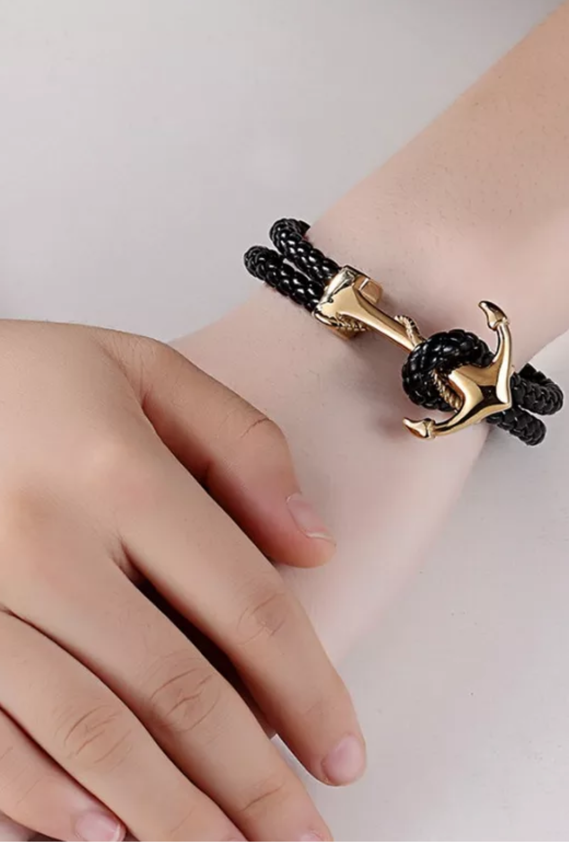 Argent Craft Double Layer Black Leather Anchor Bracelet (gold)