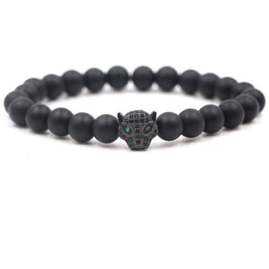 Argent Craft Natural Black Matte Agate Bracelet with Cheetah Head(Black)