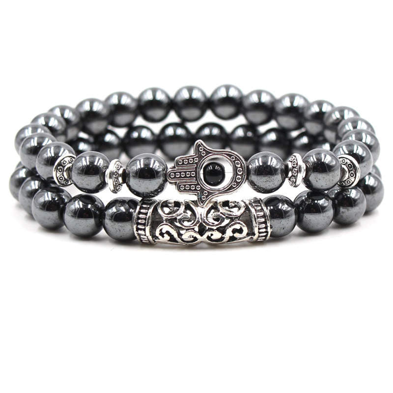 Argent Craft Hematite And Hamsa Hand With Scroll Protection Bracelet (Silver)