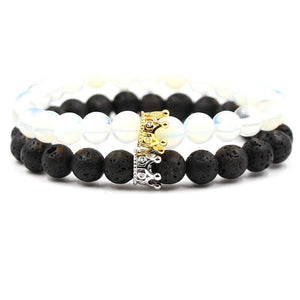 Argent Craft Natural Lava Stone & Clear Quartz Stone Couples Bracelet with Crowns